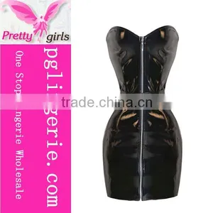 New Arrival Wet Look Strapless Bodycon Dress Faux Leather Black Lingerie Catsuit thumbnail-1