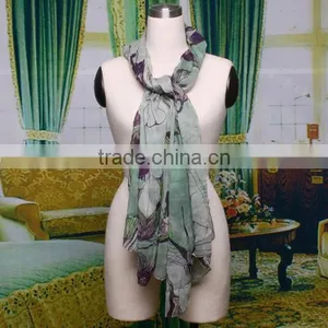 Green Begonia Flower Ink Style Long Cotton Neck Scarf Shawl thumbnail-4