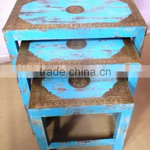 Metal Fitted Blue Color Set of 3 Wooden Square Stool thumbnail-1