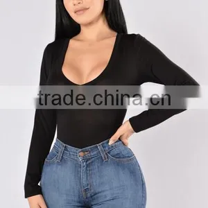 Most Popular Sexy Full Bodysuits 95% Rayon 5% Spandex Deep V Neckline Long Sleeve Sexy Bodysuits Women thumbnail-2