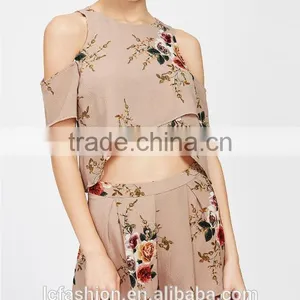 Two Piece Set Women Clothing Floral Print Cold Shoulder Crop Split Top With Shorts thumbnail-2