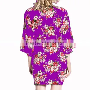 Wholesale Kimono Style Bridesmaid Robe Knee Length Cotton Floral Robe FR0018 thumbnail-3