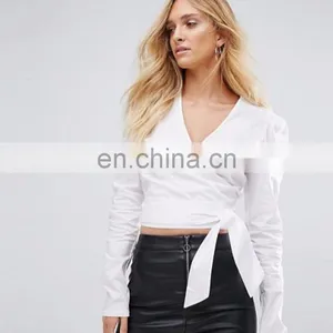 Women Fashion Clothes Wrap Front V Neckline Long Sleeves Lady Blouse Top With Tie Side thumbnail-1