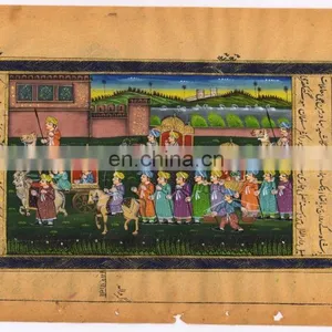 Indian Beautiful Cotton Mughal Procession Miniature Painting Handmade Watercolor Original Painting Wall Decor Art thumbnail-1