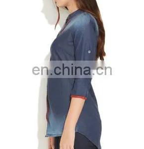 ONSALE NEW FASHION EUROPEAN STYLE COLLAR NECK SHIRT TRENDY HOT WOMENS' DENIM SHIRT BLOUSE TUNIC DRESS SUMMER TOPS FOR LADIES thumbnail-2