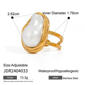 Adjustable Gold Plated Irregular Pearl Ring for Women Stainless Steel Statement Ring Waterproof Hypoallergenic Jewelry thumbnail-2