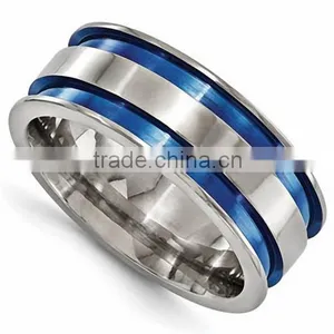 Titanium Grooved Two Blue Tone Inlay Wedding Rings for Wholesale thumbnail-1