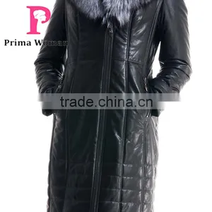 Winter Women Long Leather Slim Fit Coat With Brown Fox Hat Overcoat thumbnail-5