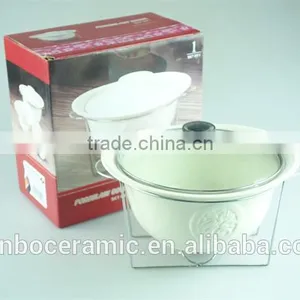 Ivory Oval Ceramic/porcelain Soup Tureen Pot Embossed With Glass Lid Metal Stand & Color Gift Box for Promotion thumbnail-1