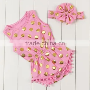 2017 Wholesale Baby Clothing Baby Girl Boutique Romper Fashion Gold Polka Dots Pompom Jumpsuit With Headband thumbnail-6