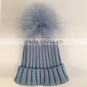 Myfur Wholesale Raccoon Fur Pom Pom Adult Couple Knitting Beanie in Sky Blue thumbnail-2