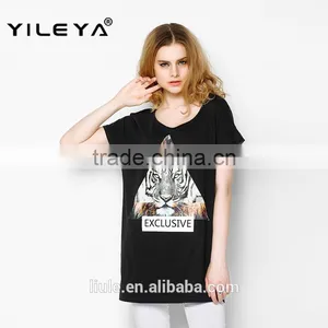 Latest Summer Fashion Long Style Tiger Pattern Print Women t Shirts Cheap, Cotton t Shirts With Transparent Back thumbnail-1