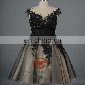 Latest Design Cocktail Dresses Customized Black Satin Sash Black Lace Cap Sleeve Appliques Mini Skirt Cocktail Dress thumbnail-1
