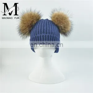 Kids Removable Fur Bobble Hat Winter Double Pom Pom Hat Crochet Kids Hat thumbnail-5