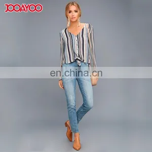 High Quality Trendy Style Striped Long Sleeve Knotted Shirt Lady Colorful Blouse &top thumbnail-1