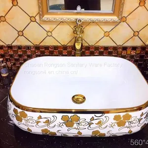 Hot Sale Ceramic Round Modern Luxury Golden Single Hole Wash Basin Price Bathroom Basin With Gold Decorative thumbnail-3