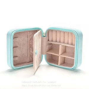 Custom Logo Small Travel Jewelry Organizer Box Lady PU Leather Zipper Closure Earring Jewelry Storage Box Travel Jewelry Case thumbnail-2