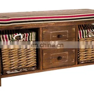 WOOD WICKER SEAT DRAWER STORAGE CABINET CUPBOARD HALLWAY FURNITURE SHOE RACK thumbnail-2
