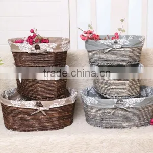 Handmade Maize Basket Flat Knitting Corn Rope Rattan Storage Basket Set of 3 thumbnail-3