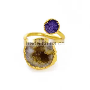 50pcs Adjustable Ring Coffee and Purple Raw Stone Ring Doulble Ring Fashion Gemstone Rings 21*(20/17)mm thumbnail-1