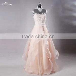 RSE703 High Neck Sexy Lace Floor Length Backless Blush Organza Cheap Pink Wedding Dresses thumbnail-1