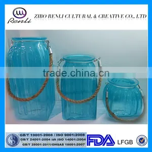 Set of 3 Threaded Glass Antique Blue Decorative Vintage Candle Jars Wholesale thumbnail-1