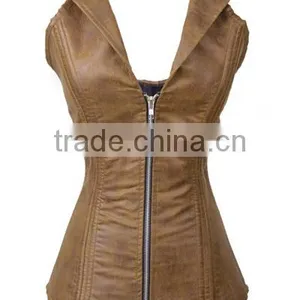Women 16 Double Steel Bone Leather Fabrics Zippered With Thick Rope Tie Belt Overbust Shaper Corset thumbnail-4