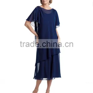 Royal Blue Short Sleeve Knee Length Mother Chiffon Dress thumbnail-1