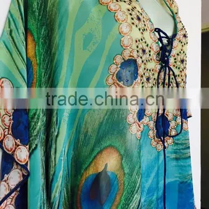 Peacock Digital Print Crystal Embellished Lace up Kaftan CAFTAN Tunic Poncho Blouse thumbnail-3