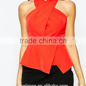 Halter Neck Smooth Stretch Fabric Peplum Top Wholesale Tank Top thumbnail-4