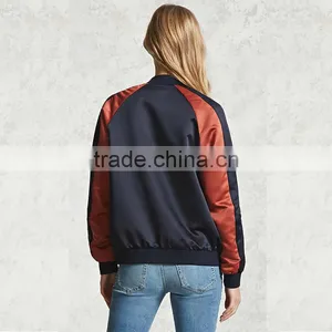 2017 Womens Windproof Satin Contrast Ribbed Knit Trim Bomber Jackets thumbnail-6