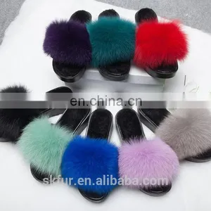 Women's Customized Size and Color Soft Real Fox Fur Slides Slippers thumbnail-1