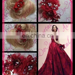 Aidocrystal Red Wedding Hairpiece Hair Flower With Pearl Hair Comb thumbnail-1