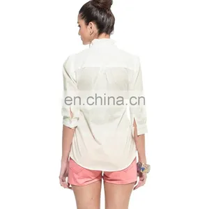 White Three-fourth Sleeves Ruffled Top Fahion Design Frilly Three-fourth Sleeves Pleated Layered Lady Blouse With Lace Trim thumbnail-2