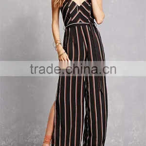 Oem Fashion Adjustable Cami Straps V-cut Neck and Back Striped Split-Leg Jumpsuit thumbnail-1