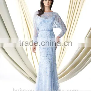 Beautiful Blue Long Sleeve Lace Satin Mother Dress Muslim Casual Wear thumbnail-1