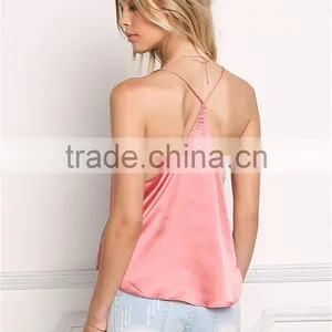 MGOO Foshan Factory Made Pink Satin Cami Sleeveless Strap Girls V Neck Summer Tops Women Blouses thumbnail-6