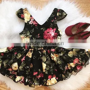 Toddler Girls Fall Autumn Black Burgundy Floral Vintage Boho Short Ruffle Dress thumbnail-2