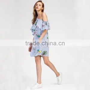 Oblique Shoulder Layered Dress, 2017 Ladies Blue Floral Print Dress thumbnail-5