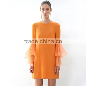 Flare Sleeve Fashionable Shift Dress for Women 2017 Orange Short Dresses thumbnail-5