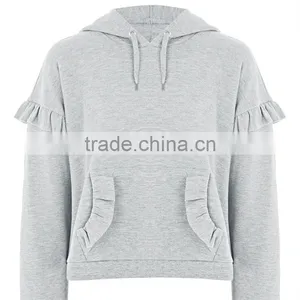2017 Oem Spring Long Sleeves Solid Color Pretty Ruffle Grey Marl Hoodie thumbnail-4
