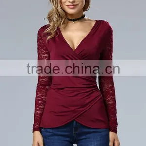 Clothes Woman Fashion Long Bell Sleeve Deep V Neck Lace Blouse 2017 thumbnail-4
