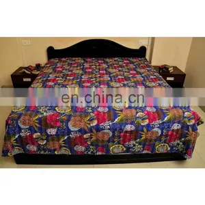 Fruit Print Kantha Quilt Indian Tropical Kantha Bed Cover Queen Size Blue Tropicana Bed Sheet thumbnail-1
