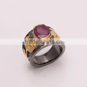 925 SOLID STERLING FINE SILVER RUBY RING BLACK & GOLD RHODIUM thumbnail-1