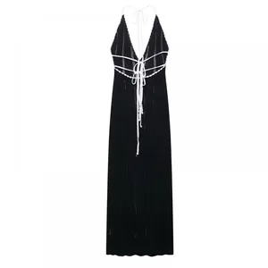 Ins European and American V-neck Hanging Neck Backless Knitted Beach Dress With Hollow Out Sexy Slim Fit Strap Beach Dress, Long Skirt for Women thumbnail-5