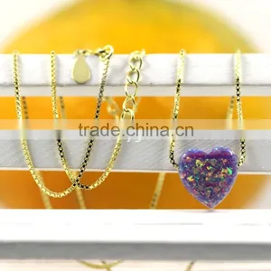Synthetic Amethyst Opal Heart Gems Stone Pendant18K Golden Plated 925 Sterling Silver Chain Necklace thumbnail-2