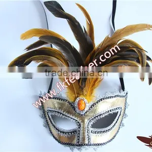 Gold Feather Mardi Gras Masquerade Birthday Party Mask With Cock Feather Mask thumbnail-1
