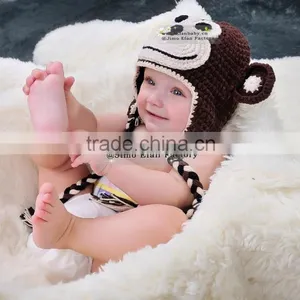 Handmade Animal Crochet Monkey Hat With Ears Baby Beanies thumbnail-5