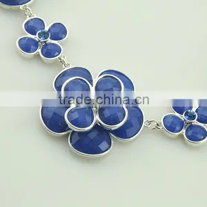 Vintage Blue Double Flower Design Fashion Necklace Rhinestone Alloy Bangles Resin Necklace Set Silver Women Jeweley Set Supplier's Choice thumbnail-5