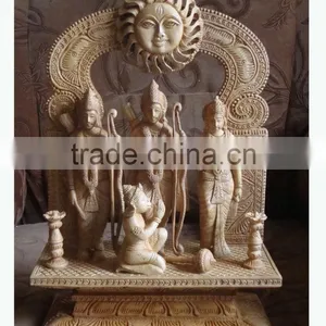Hindu God Ram Laxman Sita Hanuman Sculpture Wood Carving Handmade Ram Darbaar Statue thumbnail-1